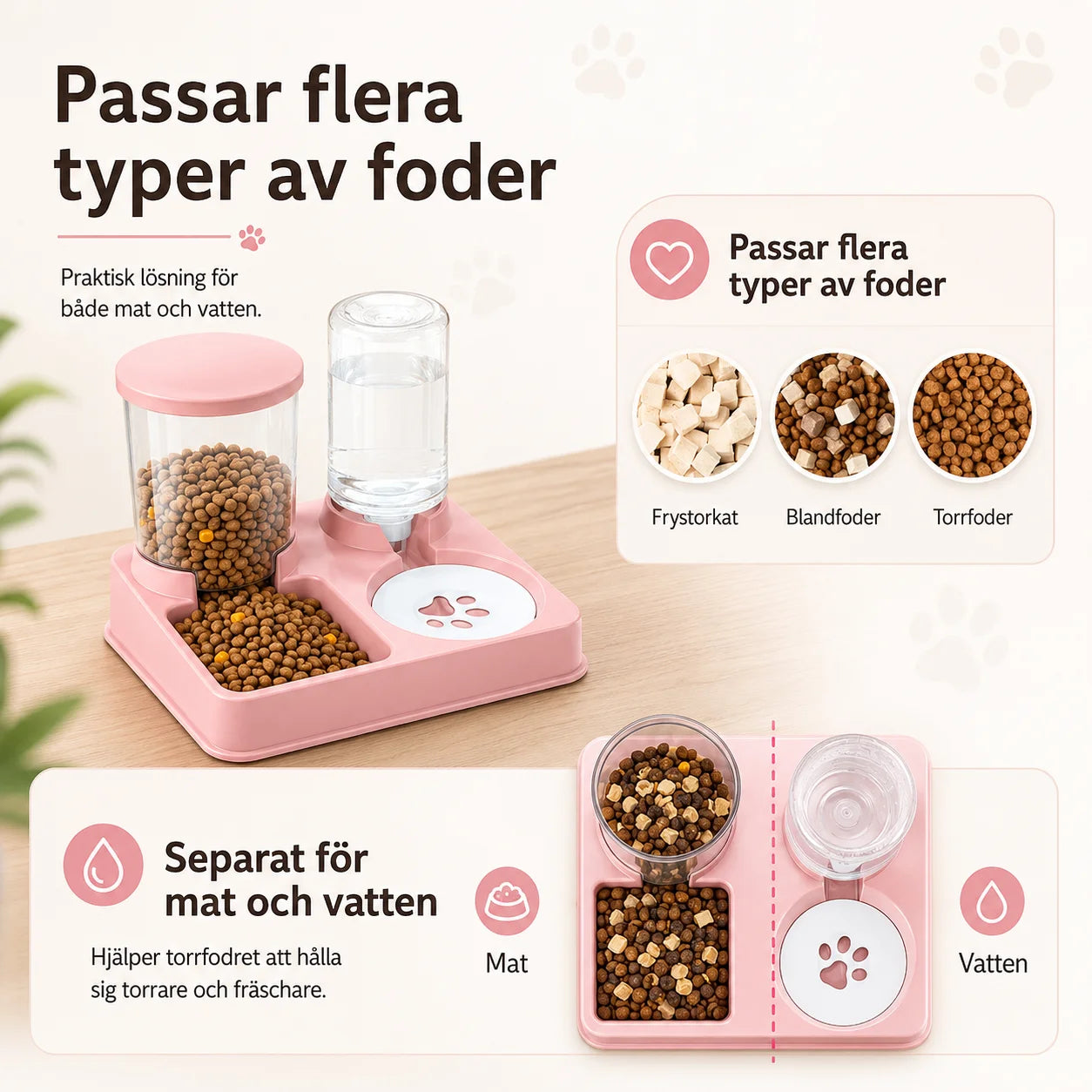 Automatisk foderautomat og vanddispenser til kat og hund