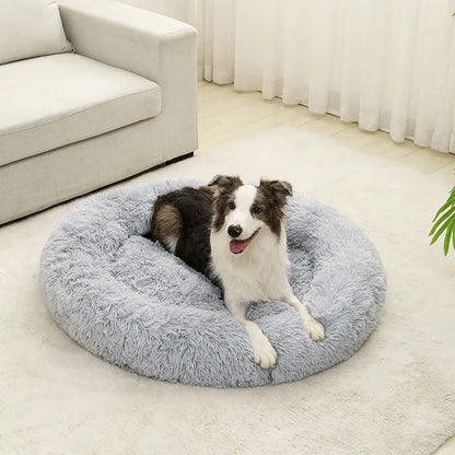Luksuriøs rund hundeseng i lang, plysset plys