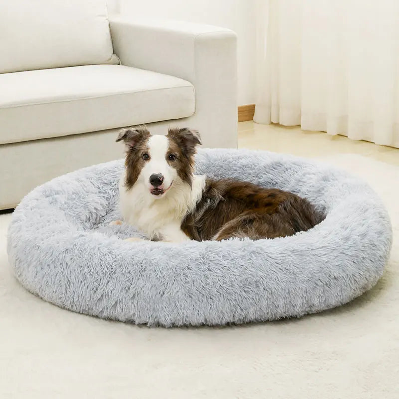 Luksuriøs rund hundeseng i lang, plysset plys