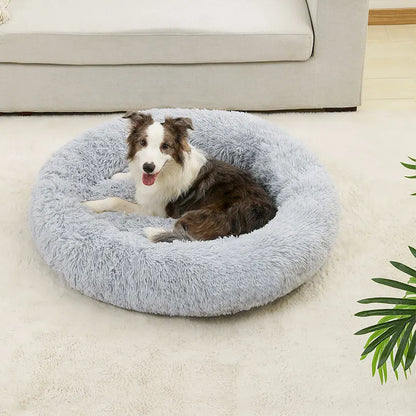 Luksuriøs rund hundeseng i lang, plysset plys